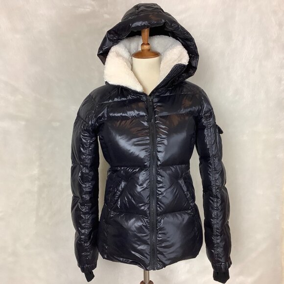 S13 Black Nylon Sherpa Collar Down Puffer Jacket With Hood S - Picture 1 of 10